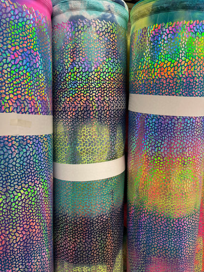 Tie Dye Dragón scales design Iridescent hologram sequins on best quality of nylon spandex 4-way stretch 58/60” Sold by the YD.