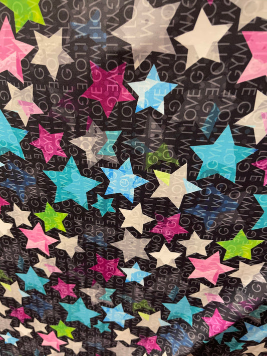 Stars design black/multicolor print on best quality of nylon spandex 4-way stretch 58/60” Sold by the YD. Ships Worldwide from Los Angeles