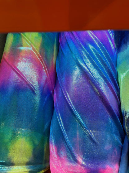 Now Tie dye  foggy foil metallic nylon spandex 4-way stretch 58/60” Sold by the YD. Ships Worldwide from Los Angeles California