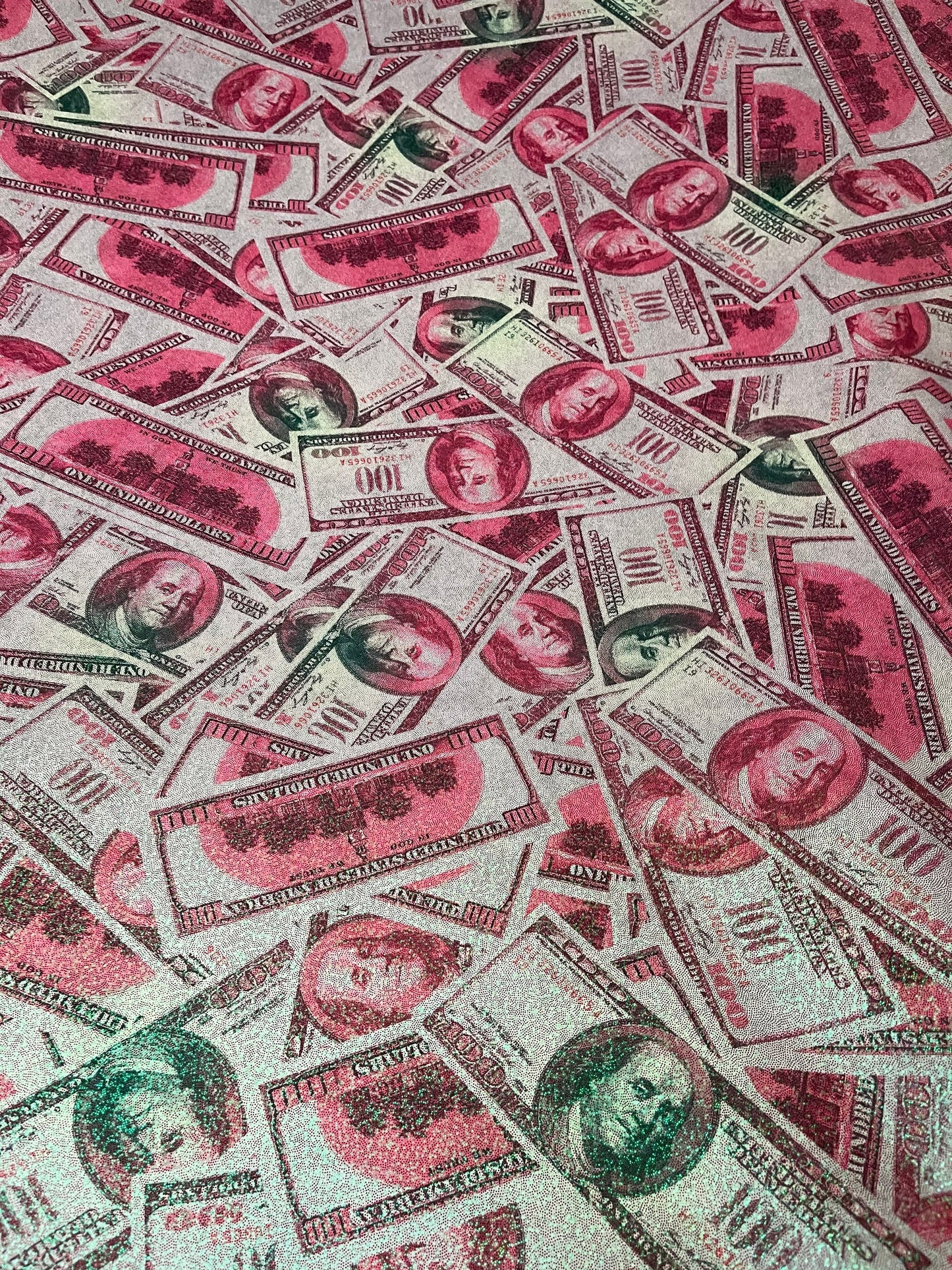 New metallic nylon spandex money design 100 dollar bill hologram pink/green color print on 4-way spandex with foggy foil all over 58/60”