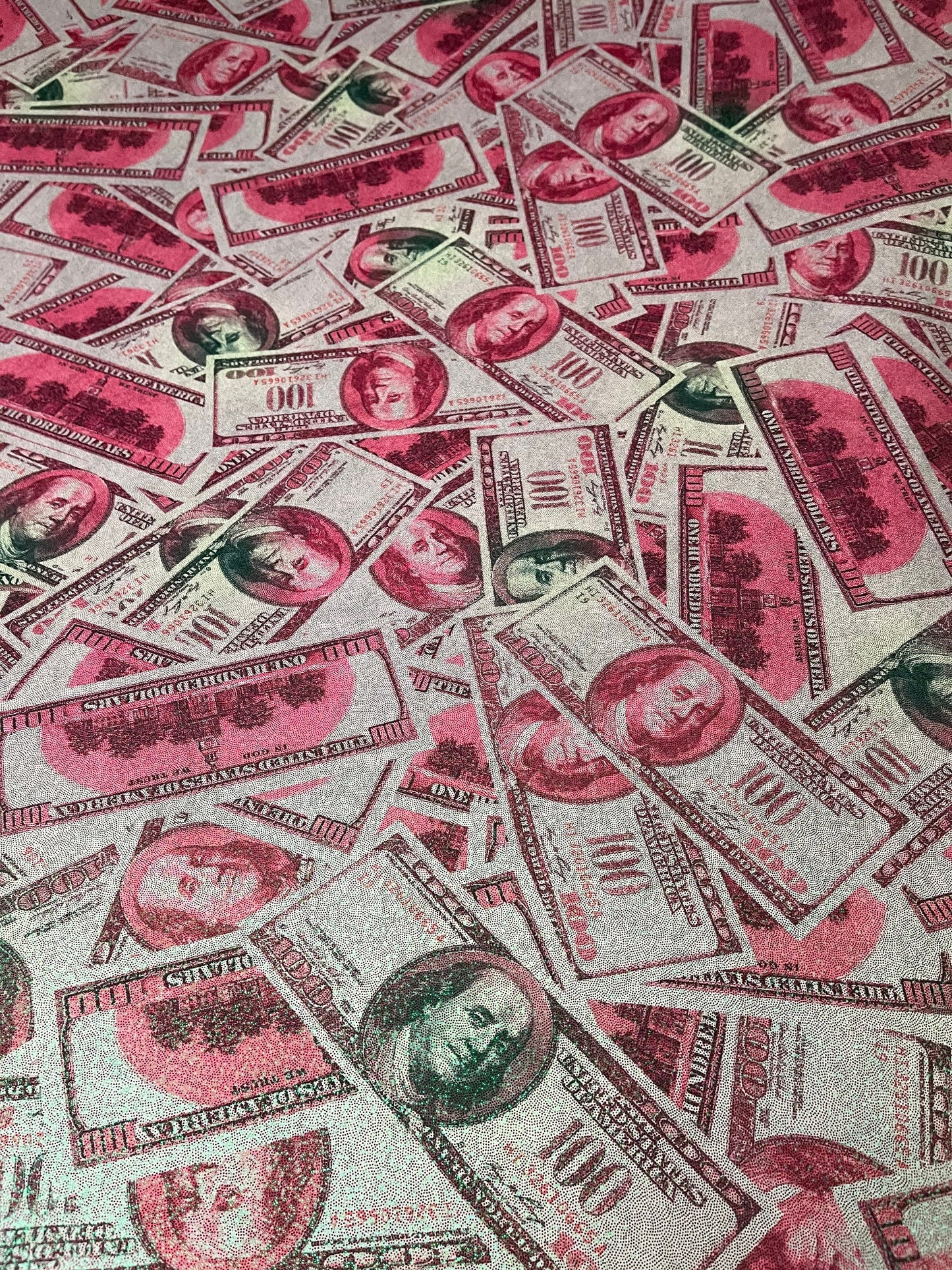 New metallic nylon spandex money design 100 dollar bill hologram pink/green color print on 4-way spandex with foggy foil all over 58/60”