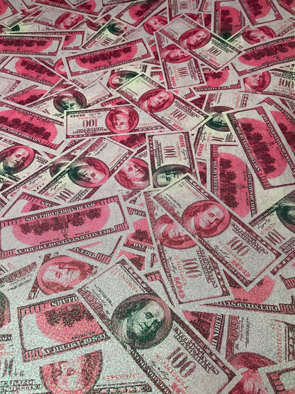 New metallic nylon spandex money design 100 dollar bill hologram pink/green color print on 4-way spandex with foggy foil all over 58/60”