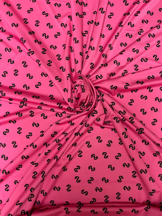 Money symbol design  pink/black print on best quality of nylon spandex 4-way stretch 58/60” Sold by the YD. Ships Worldwide from Los Angeles