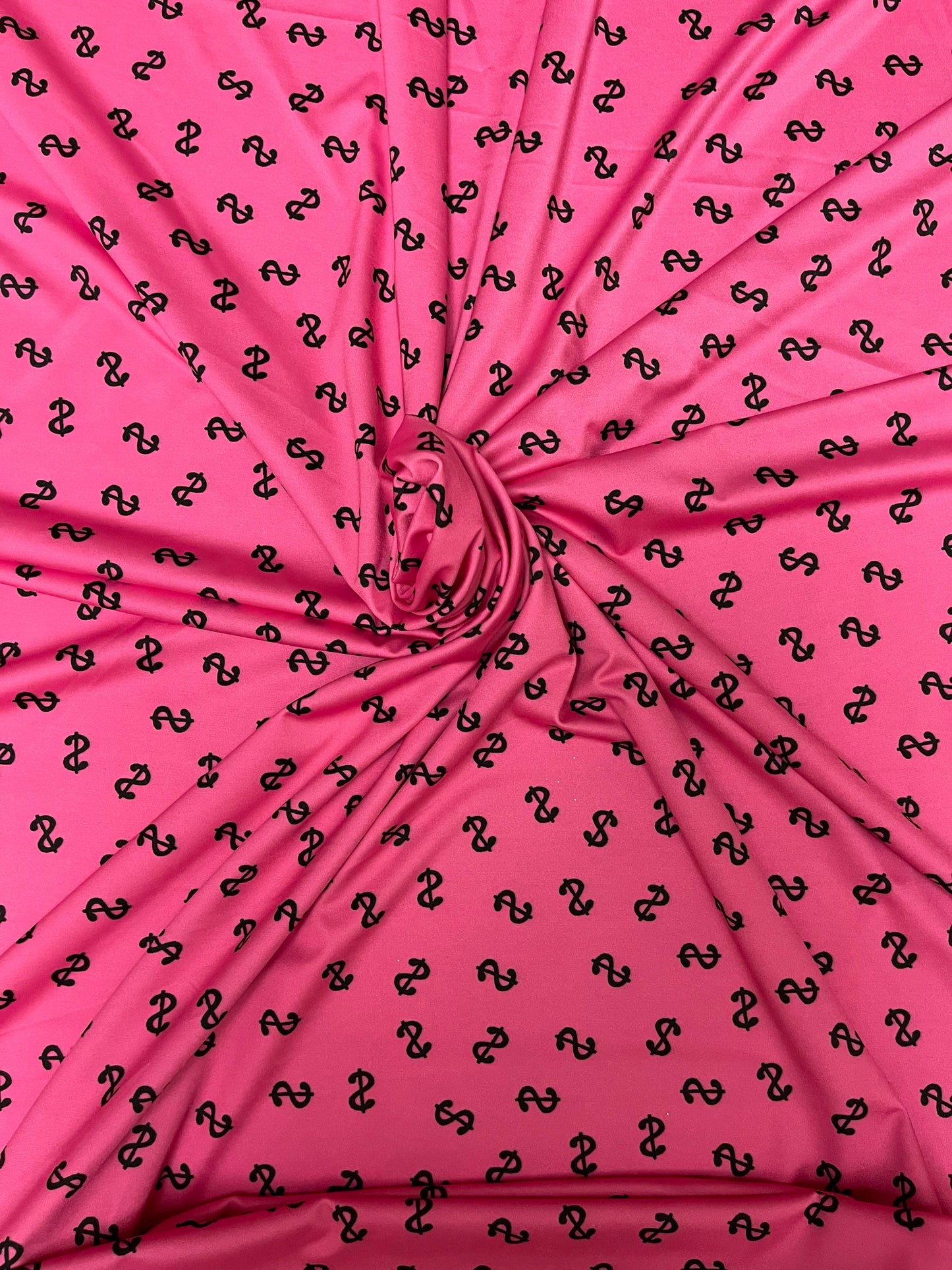 Money symbol design  pink/black print on best quality of nylon spandex 4-way stretch 58/60” Sold by the YD. Ships Worldwide from Los Angeles