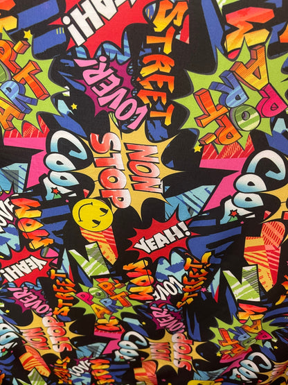 Graffiti Pop Art design print on great poly spandex  4-way stretch light weight 58/60” Sold by the YD. Ships Worldwide from Los Angeles cali