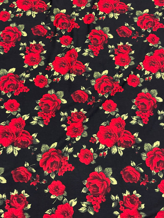 New Red Roses design print on poly spandex 2-way stretch 58/60” Sold by the YD. Ships worldwide from Los Angeles California USA.