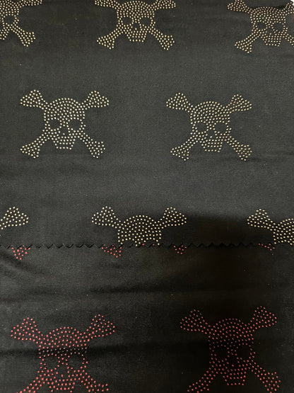 Skull design metallic poly spandex 4-way stretch 58/60” Sold by the YD. Ships Worldwide from Los Angeles California USA.