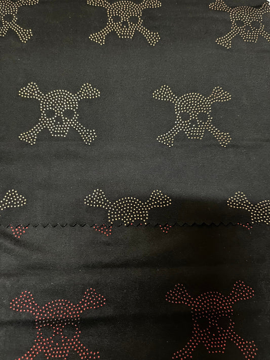 Skull design metallic poly spandex 4-way stretch 58/60” Sold by the YD. Ships Worldwide from Los Angeles California USA.