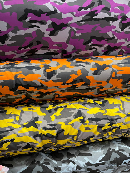 Camouflage design print on nylon spandex 4-way stretch 58/60” Sold by the YD. Ships Worldwide from Los Angeles California USA.