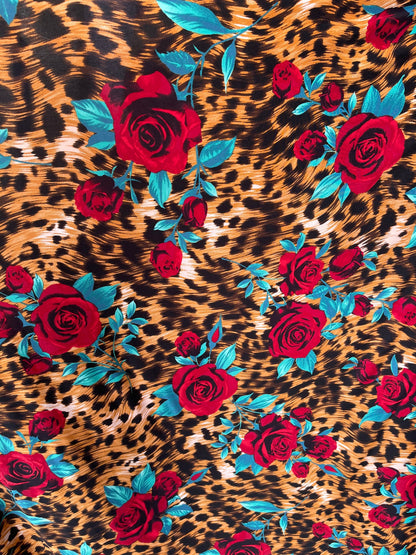 New Exotic animal print design with red flower print on poly spandex 4-way stretch 58/60” Sold by the YD. Ships Worldwide from Los Angeles