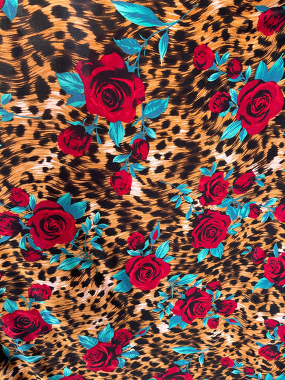 New Exotic animal print design with red flower print on poly spandex 4-way stretch 58/60” Sold by the YD. Ships Worldwide from Los Angeles