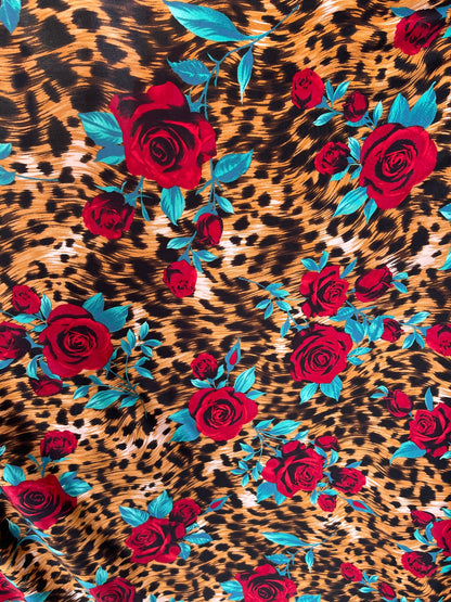 New Exotic animal print design with red flower print on poly spandex 4-way stretch 58/60” Sold by the YD. Ships Worldwide from Los Angeles