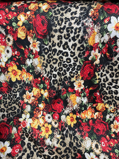 New Flower design with exotic animal print on Poly spandex Medium weight 2-way stretch 58/60” Sold by the YD. Ships Worldwide from L.A CA