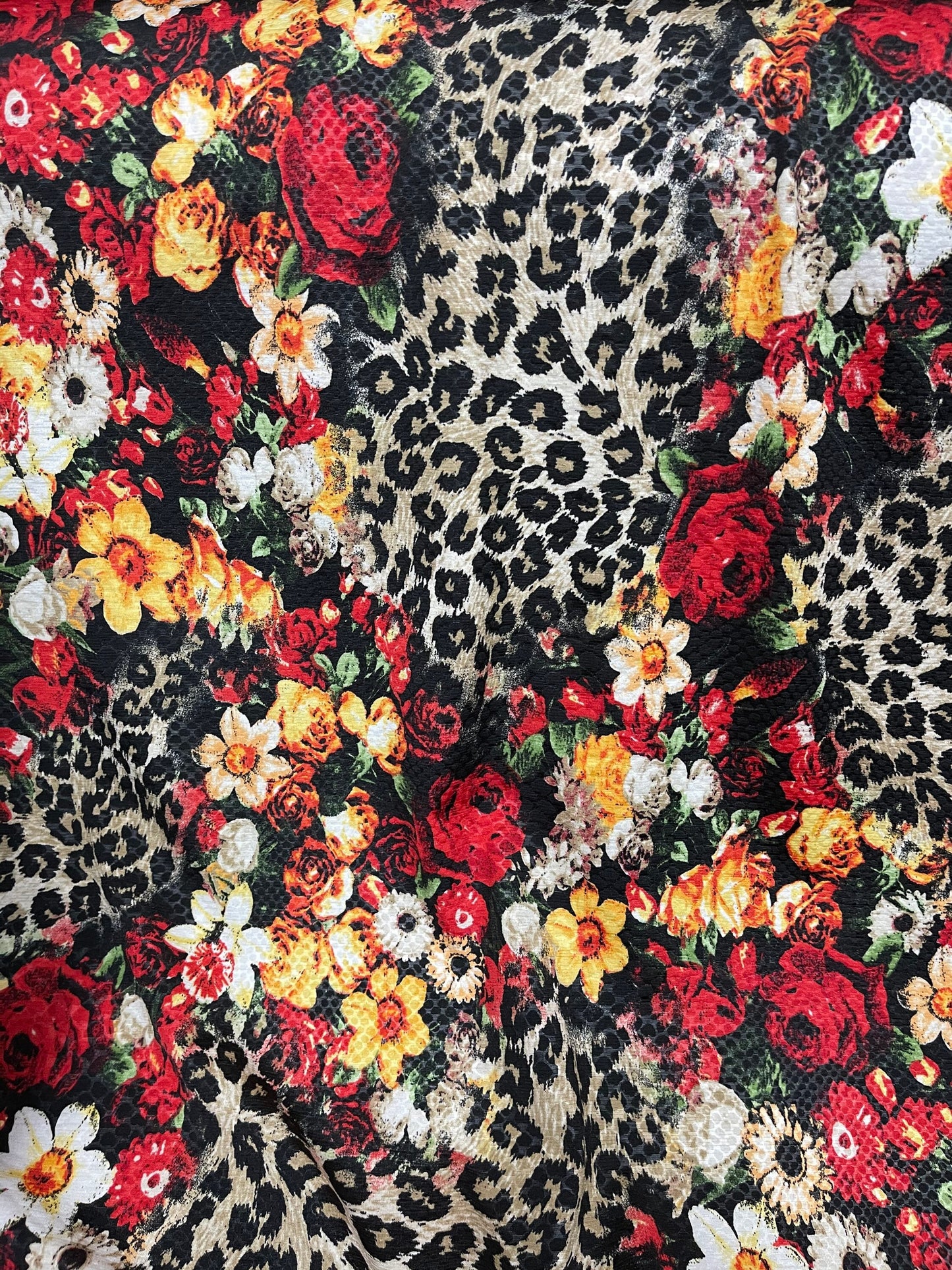 New Flower design with exotic animal print on Poly spandex Medium weight 2-way stretch 58/60” Sold by the YD. Ships Worldwide from L.A CA