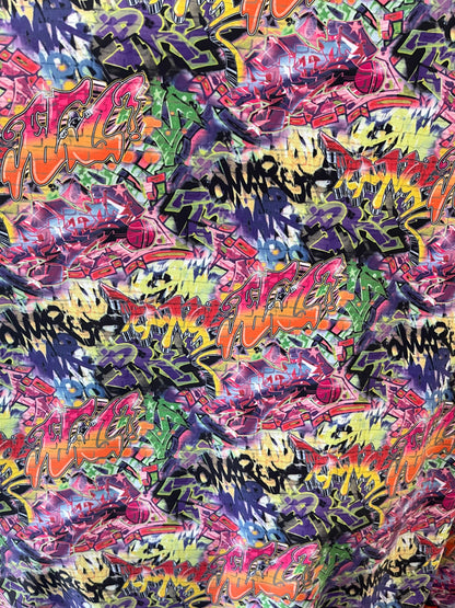 Graffiti design print on best quality of nylon spandex 4-way stretch 58/60” Sold by the YD. Ships Worldwide from Los Angeles California USA.