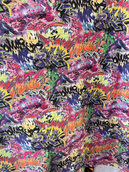 Graffiti design print on best quality of nylon spandex 4-way stretch 58/60” Sold by the YD. Ships Worldwide from Los Angeles California USA.