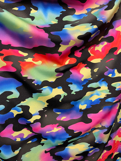 New camouflage rainbow design print on nylon spandex 4-way stretch 58/60” Sold by the YD. Ships Worldwide from Los Angeles California USA.