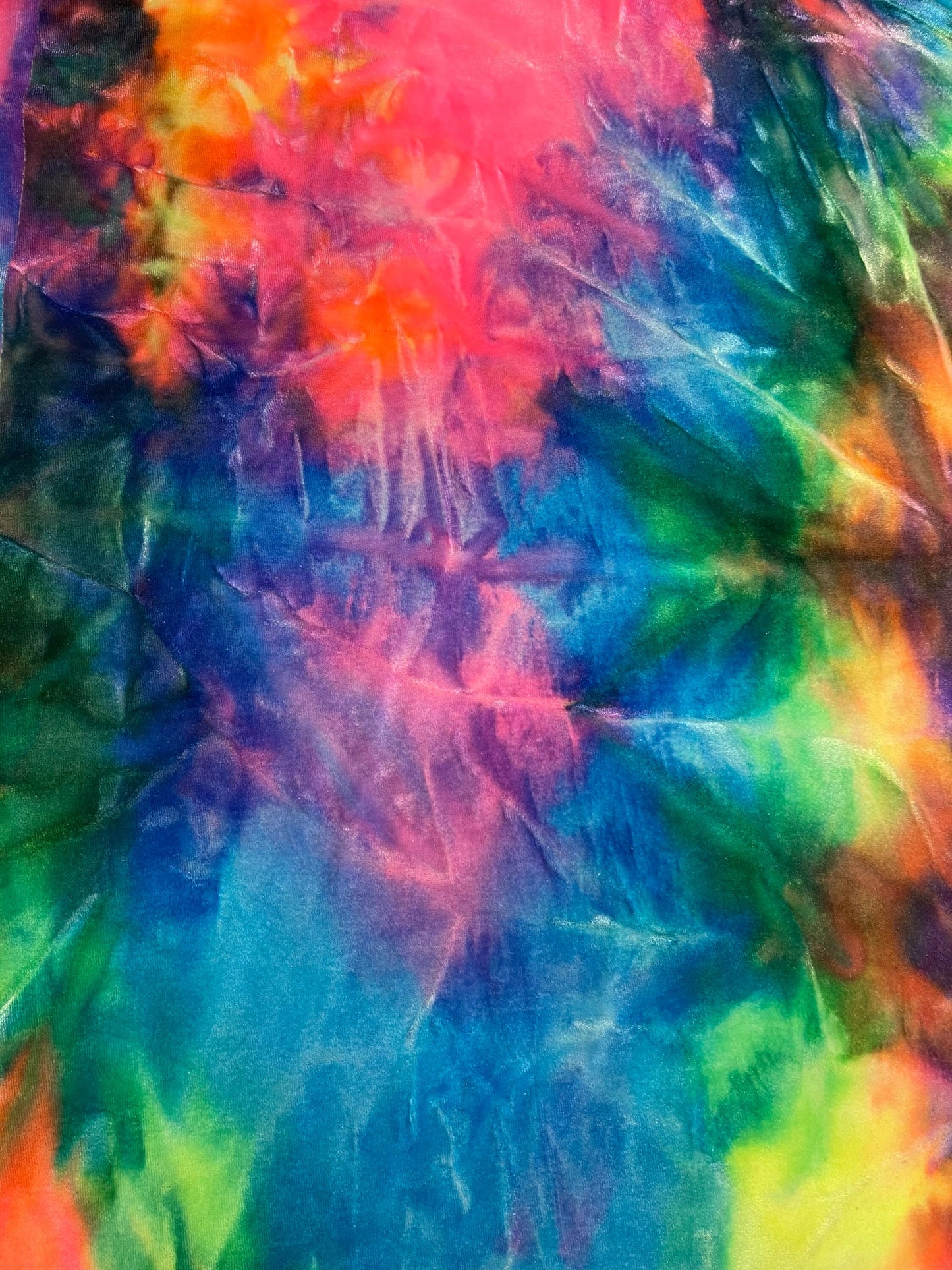 Rainbow multi pastel Tie Dye Luxury stretch velvet 4-way stretch 58/60” Sold by the YD. Ships Worldwide from Los Angeles California USA.