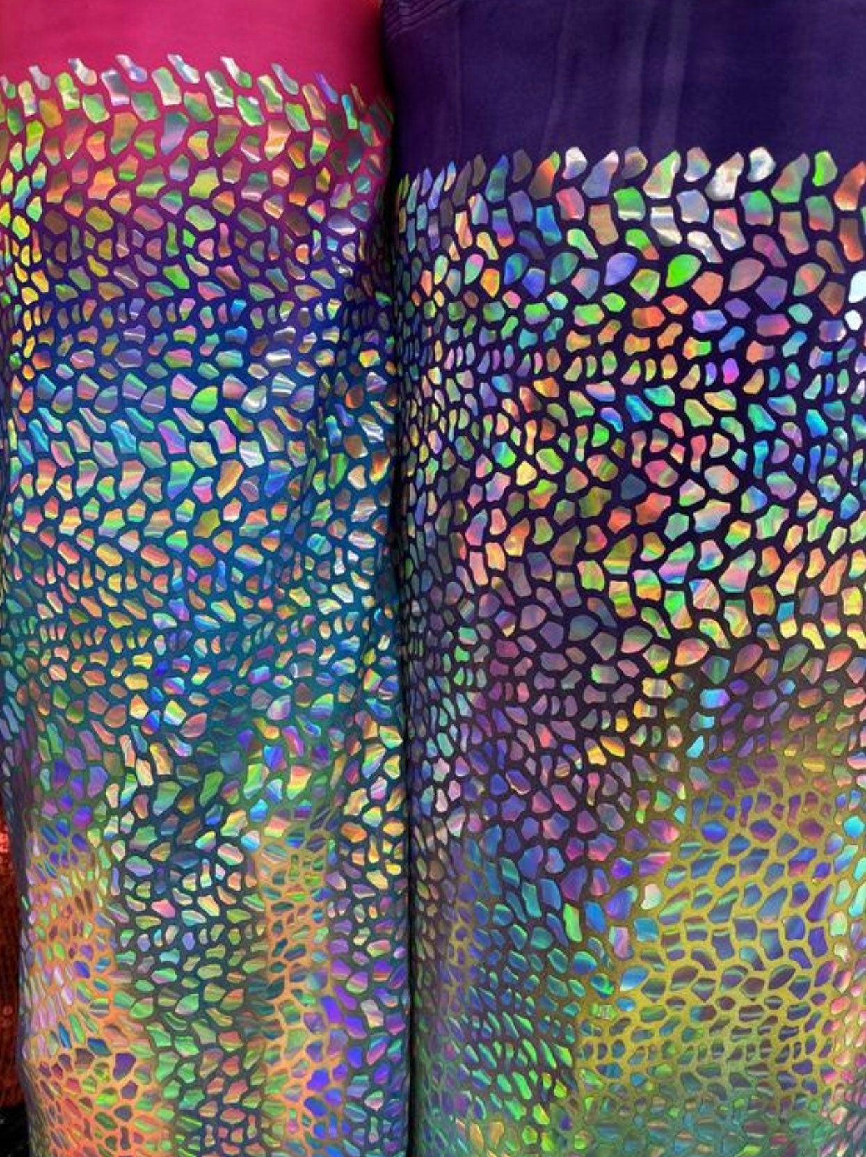 Dragón Holo trans Iridescence sequins on Tie Dye nylon spandex 4-way stretch 58/60” Sold by the YD. Ships Worldwide from Los Angeles cali