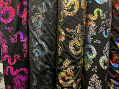 Dragón design hologram nylon spandex 4-way stretch 58/60” Sold by the YD. Ships Worldwide from Los Angeles California USA.