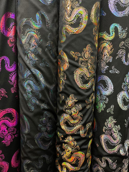 Dragón design hologram nylon spandex 4-way stretch 58/60” Sold by the YD. Ships Worldwide from Los Angeles California USA.