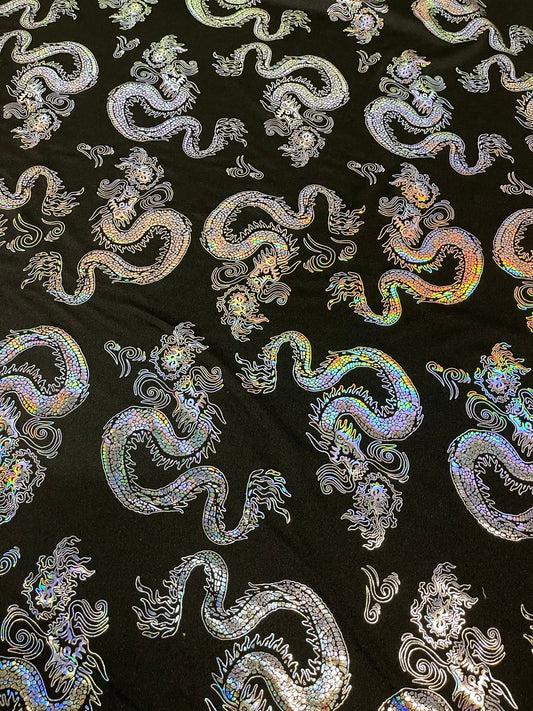 New Dragon design print on metallic nylon spandex 4-way stretch 58/60” Sold by the YD. Ships worldwide from Los Ángeles California USA.