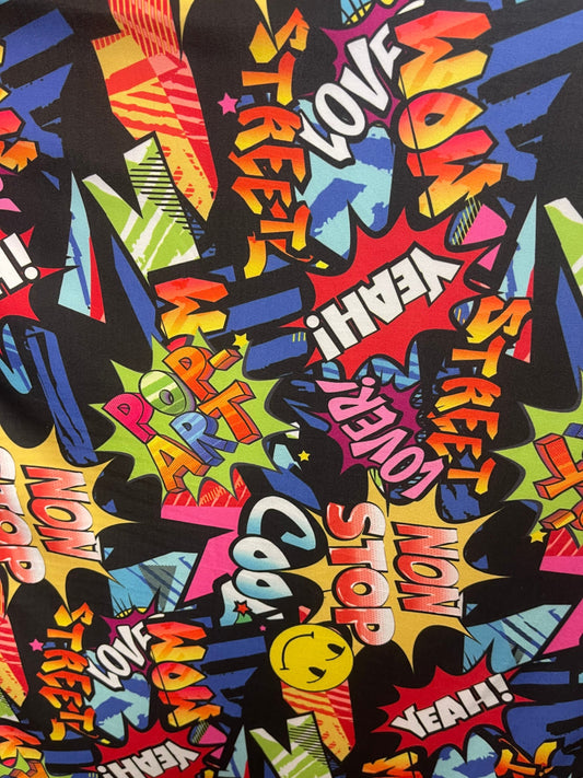 Graffiti Pop Art design print on great poly spandex  4-way stretch light weight 58/60” Sold by the YD. Ships Worldwide from Los Angeles cali