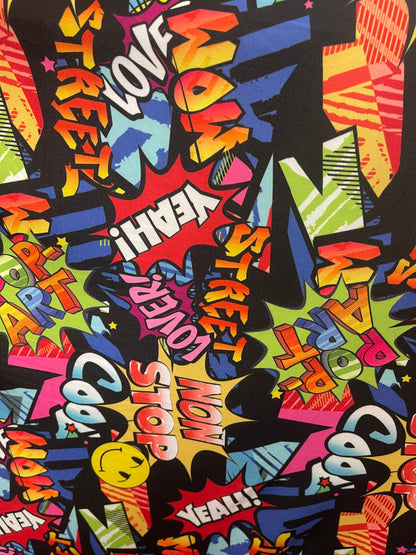 Graffiti Pop Art design print on great poly spandex  4-way stretch light weight 58/60” Sold by the YD. Ships Worldwide from Los Angeles cali