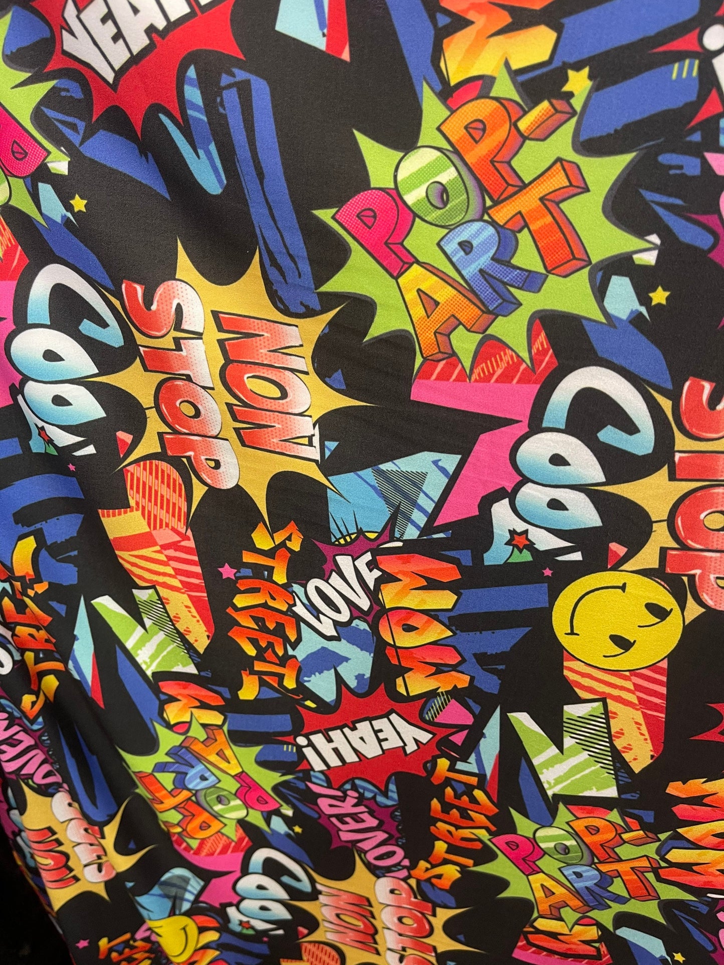 Graffiti Pop Art design print on great poly spandex  4-way stretch light weight 58/60” Sold by the YD. Ships Worldwide from Los Angeles cali