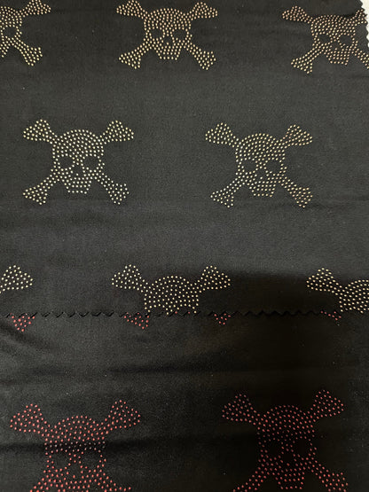 Skull design metallic poly spandex 4-way stretch 58/60” Sold by the YD. Ships Worldwide from Los Angeles California USA.