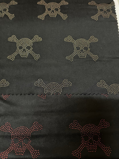 Skull design metallic poly spandex 4-way stretch 58/60” Sold by the YD. Ships Worldwide from Los Angeles California USA.