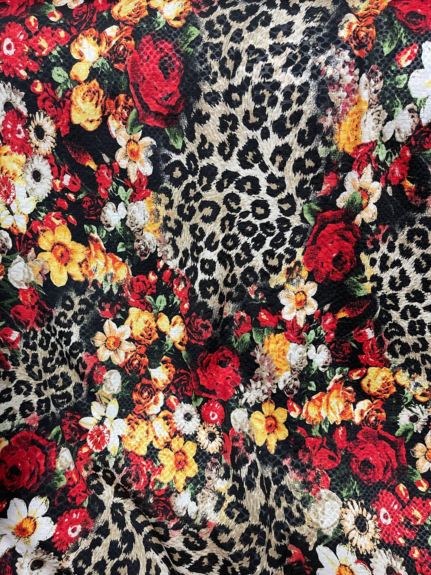 New Flower design with exotic animal print on Poly spandex Medium weight 2-way stretch 58/60” Sold by the YD. Ships Worldwide from L.A CA