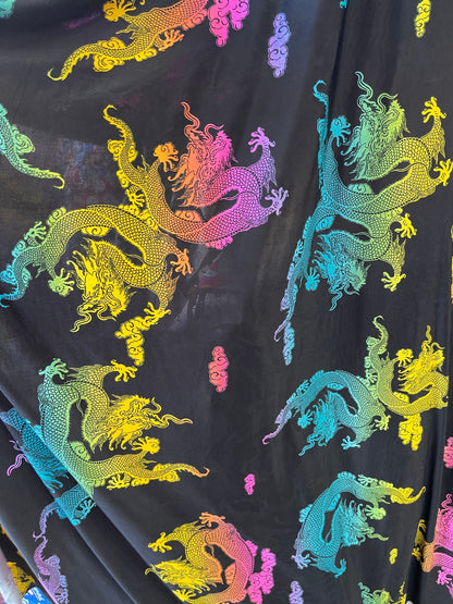 Dragon design Multicolor print on poly spandex light weight 4-way stretch 58/60” Sold by the YD. Ships Worldwide from Los Angeles California