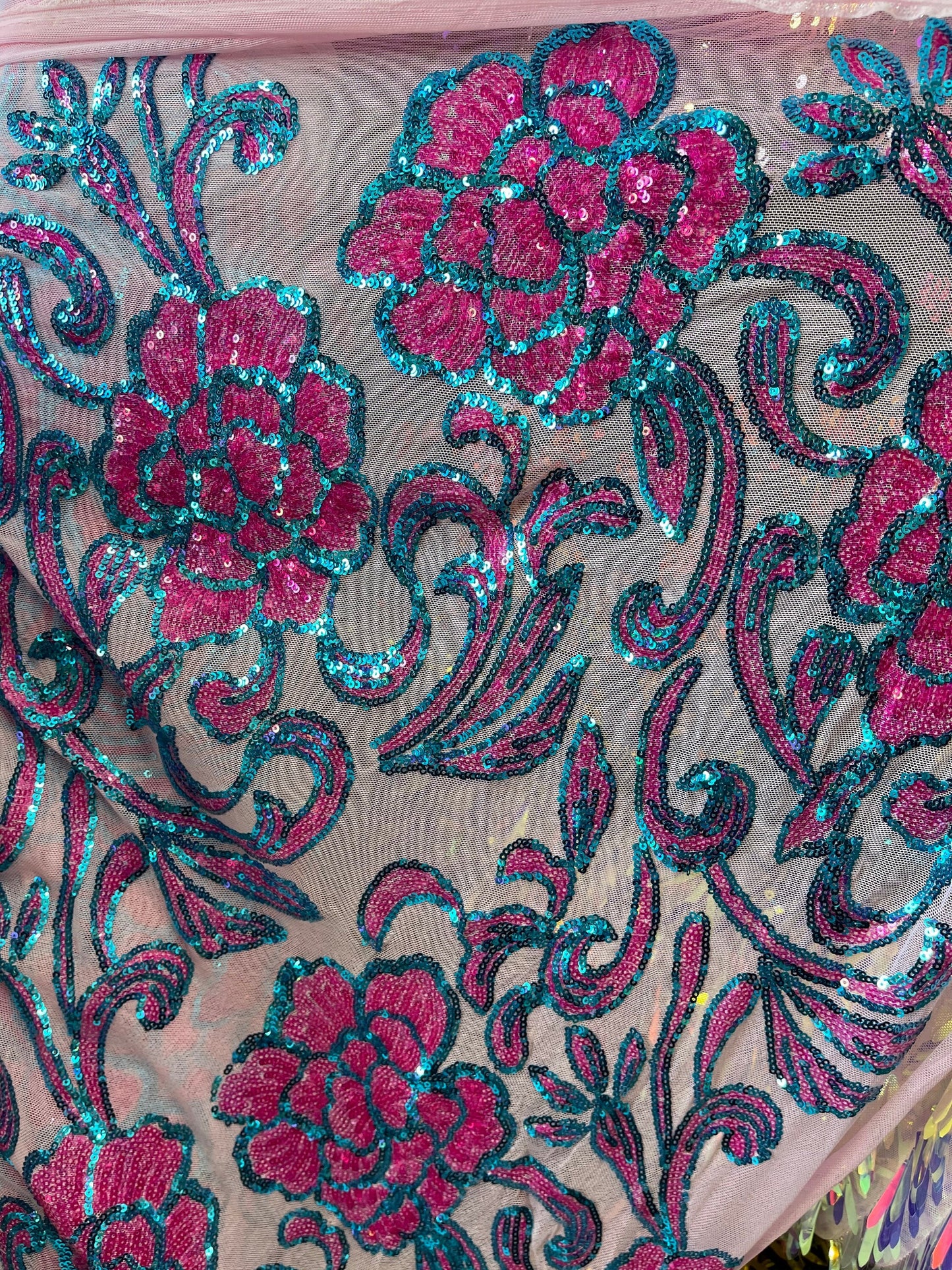 New Rose design shiny sequins embroidered on stretch mesh 2-way stretch 54/55” Sold by the YD. Ships Worldwide from Los Angeles California