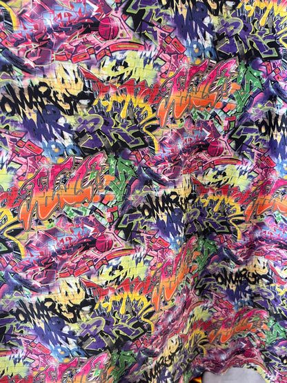 Graffiti design print on best quality of nylon spandex 4-way stretch 58/60” Sold by the YD. Ships Worldwide from Los Angeles California USA.