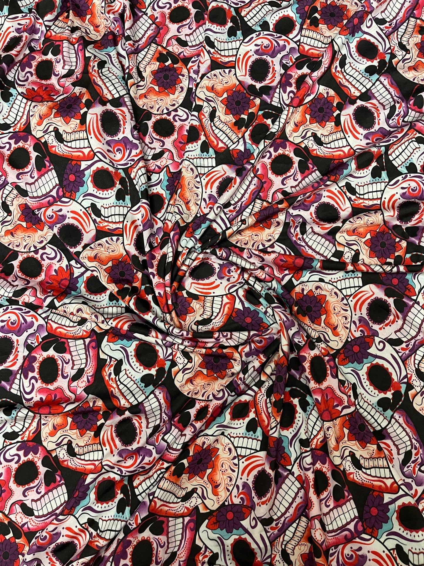 Skull design multicolor print on great quality of nylon spandex 4-way stretch 58/60” Sold by the YD. Ships Worldwide from Los Angeles cali