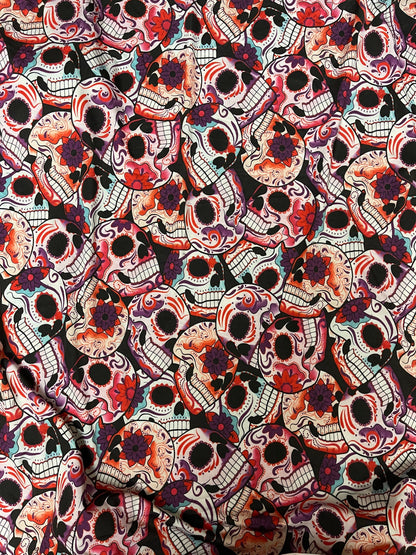 Skull design multicolor print on great quality of nylon spandex 4-way stretch 58/60” Sold by the YD. Ships Worldwide from Los Angeles cali