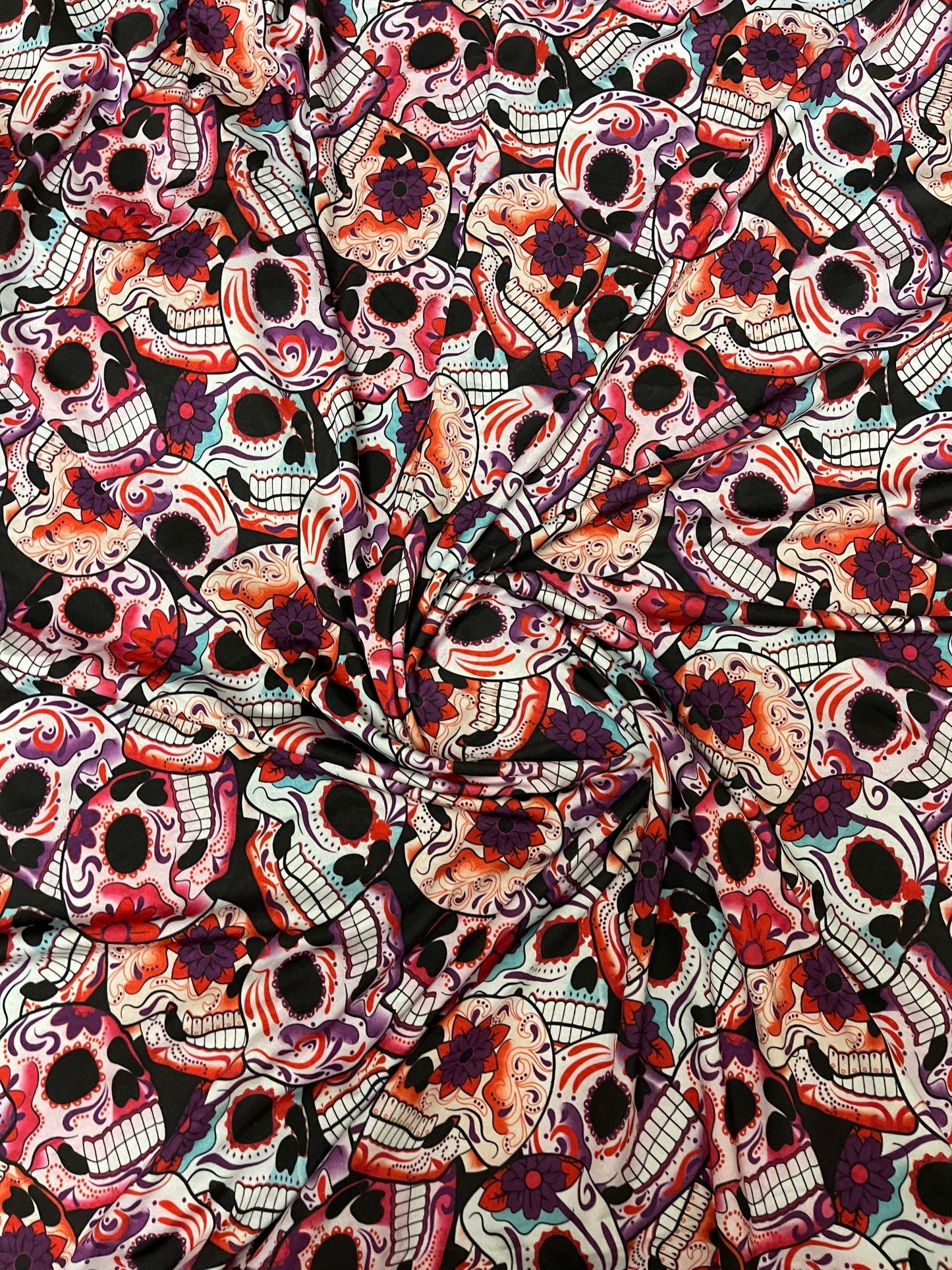 Skull design multicolor print on great quality of nylon spandex 4-way stretch 58/60” Sold by the YD. Ships Worldwide from Los Angeles cali