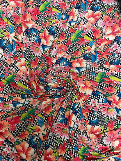 Multi Flower design print on great quality of Poly Spandex 4-way stretch 58/60” Sold by the YD. Ships Worldwide from Los Angeles California