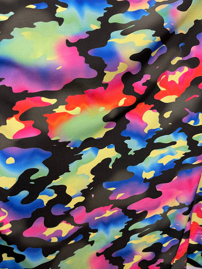 New camouflage rainbow design print on nylon spandex 4-way stretch 58/60” Sold by the YD. Ships Worldwide from Los Angeles California USA.