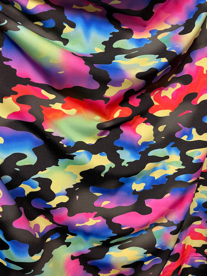 New camouflage rainbow design print on nylon spandex 4-way stretch 58/60” Sold by the YD. Ships Worldwide from Los Angeles California USA.