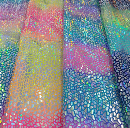 Dragón Holo trans Iridescence sequins on Tie Dye nylon spandex 4-way stretch 58/60” Sold by the YD. Ships Worldwide from Los Angeles cali