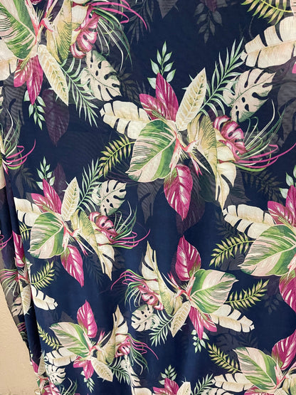 Tropical design navy/multicolor print on great quality of nylon power mesh 4-way stretch 58/60” Sold by the YD. Ships Worldwide from L.A CA