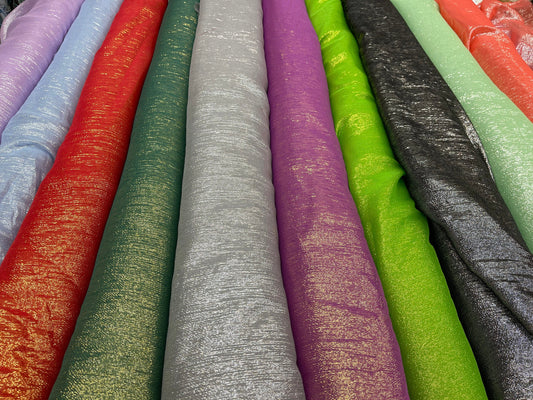 Silk metallic chiffon various colores in stock 2way Stretch 44/45” Sold by the YD. Ships worldwide from Los Ángeles California USA.