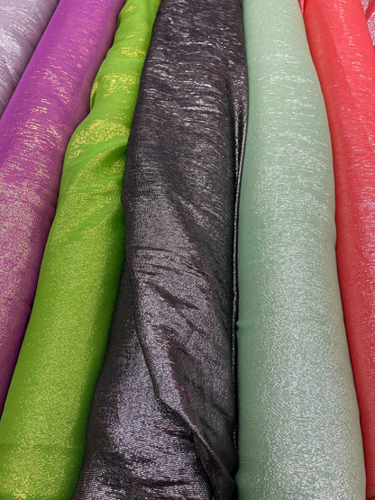 Silk metallic chiffon various colores in stock 2way Stretch 44/45” Sold by the YD. Ships worldwide from Los Ángeles California USA.