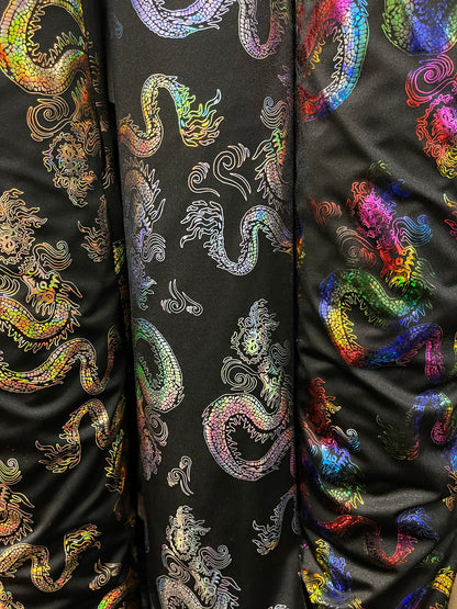 Dragón design hologram nylon spandex 4-way stretch 58/60” Sold by the YD. Ships Worldwide from Los Angeles California USA.