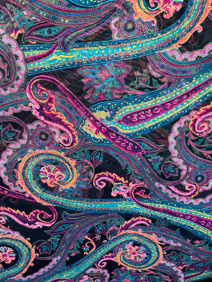 Paisley design Multicolor print on great quality of power mesh 4-way stretch 58/60” Sold by the YD. Ships Worldwide from Los Angeles cali