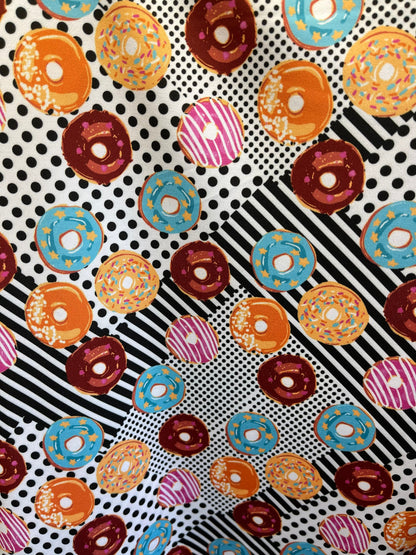 New Donuts design Multicolor print on great quality of nylon spandex 4-way stretch 58/60” Sold by the YD. Ships Worldwide from Los Ángeles