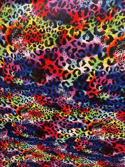 New Leopard design print on Tie Dye nylon spandex 4-way stretch 58/60” Sold by the YD. Ships Worldwide from Los Angeles California USA.