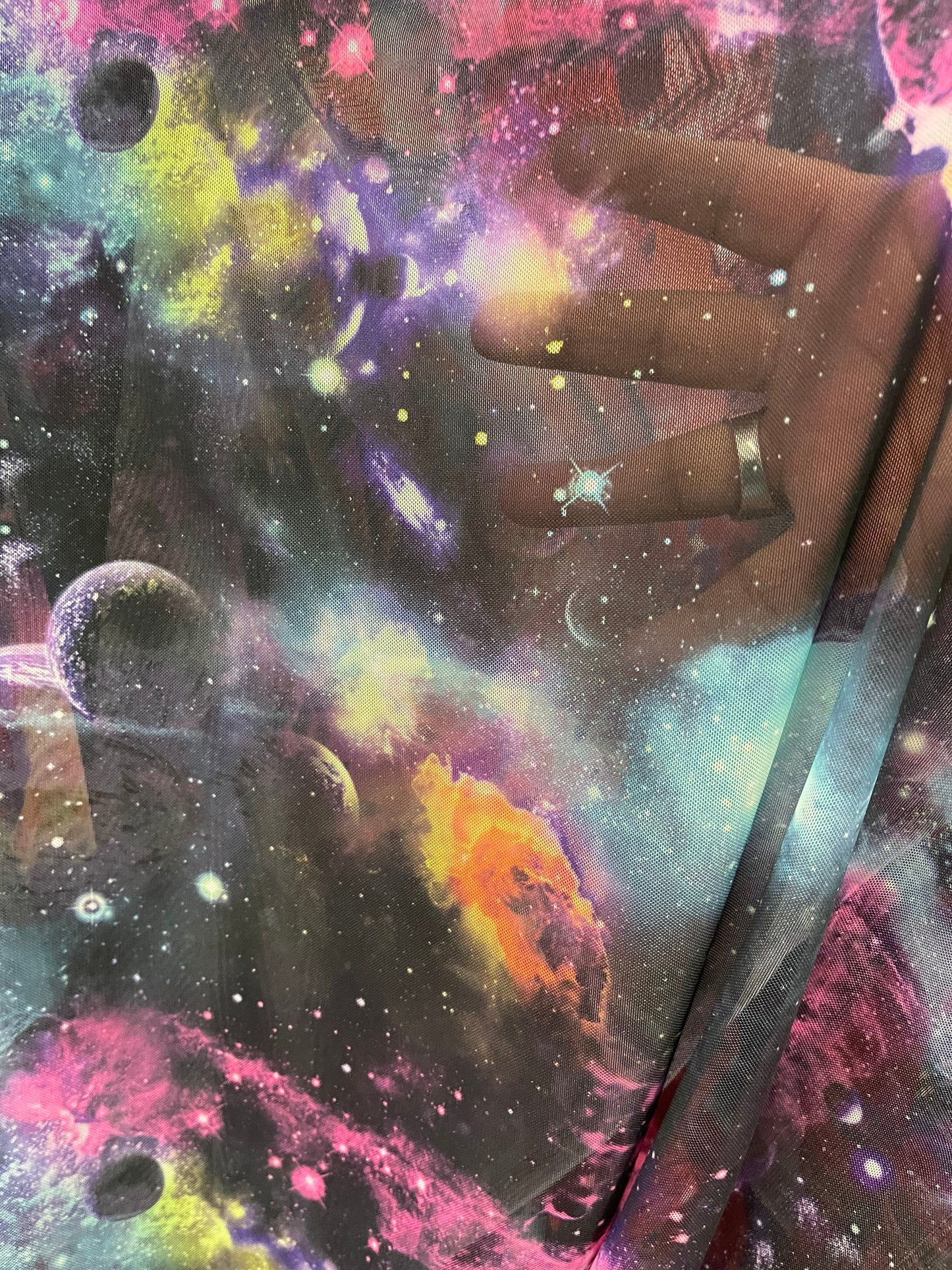 Galaxy design multicolor print on power mesh 4-way stretch 58/60” Sold by the YD. Ships Worldwide from Los Angeles California USA.